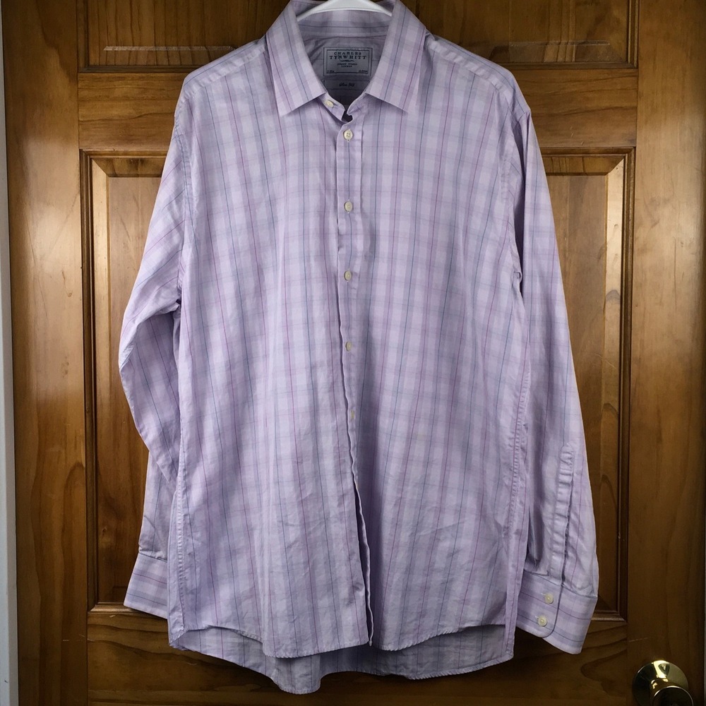 Charles Tyrwhitt Slim Fit Dress Shirt Mens 17/35 Purple Check Cotton Long Sleeve
